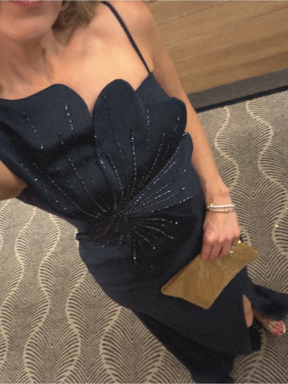 EUC worn once Terani Couture midnight navy one shoulder long formal gown dress 4